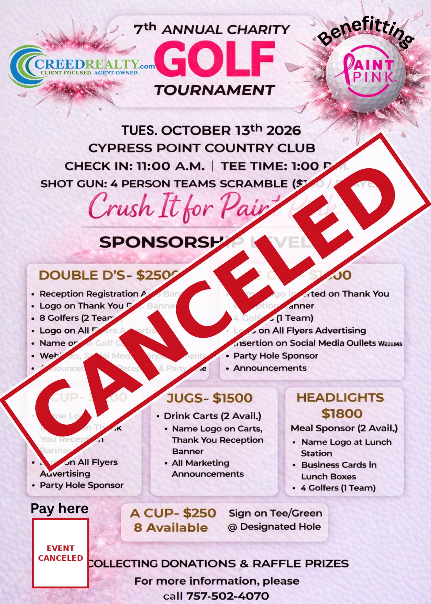 Creed Realty Annual Charity Golf Tournament sponsorship levels, Tuesday October 13 2026 at Cypress Point Country Club