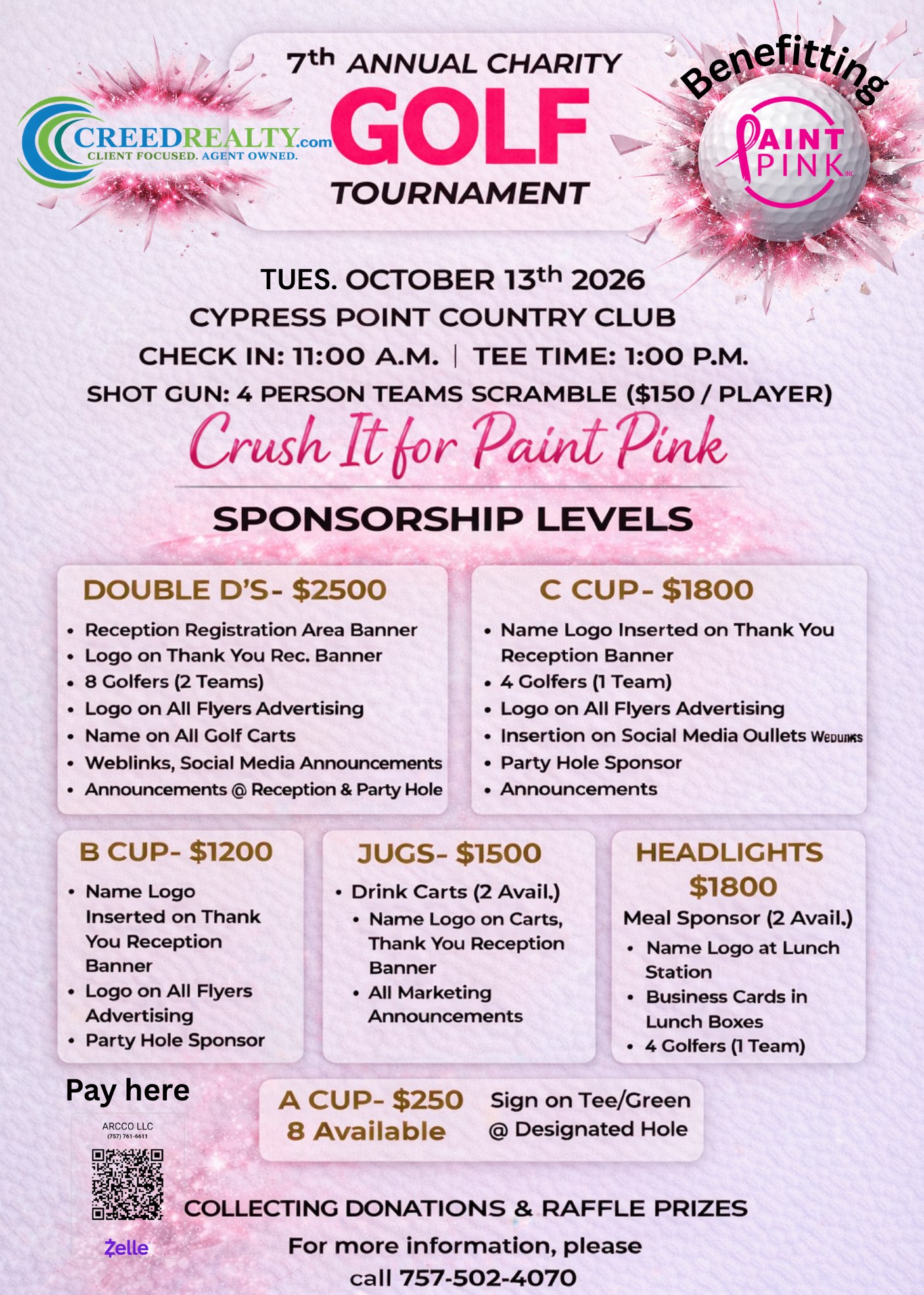 Creed Realty Annual Charity Golf Tournament sponsorship levels, Tuesday October 13 2026 at Cypress Point Country Club