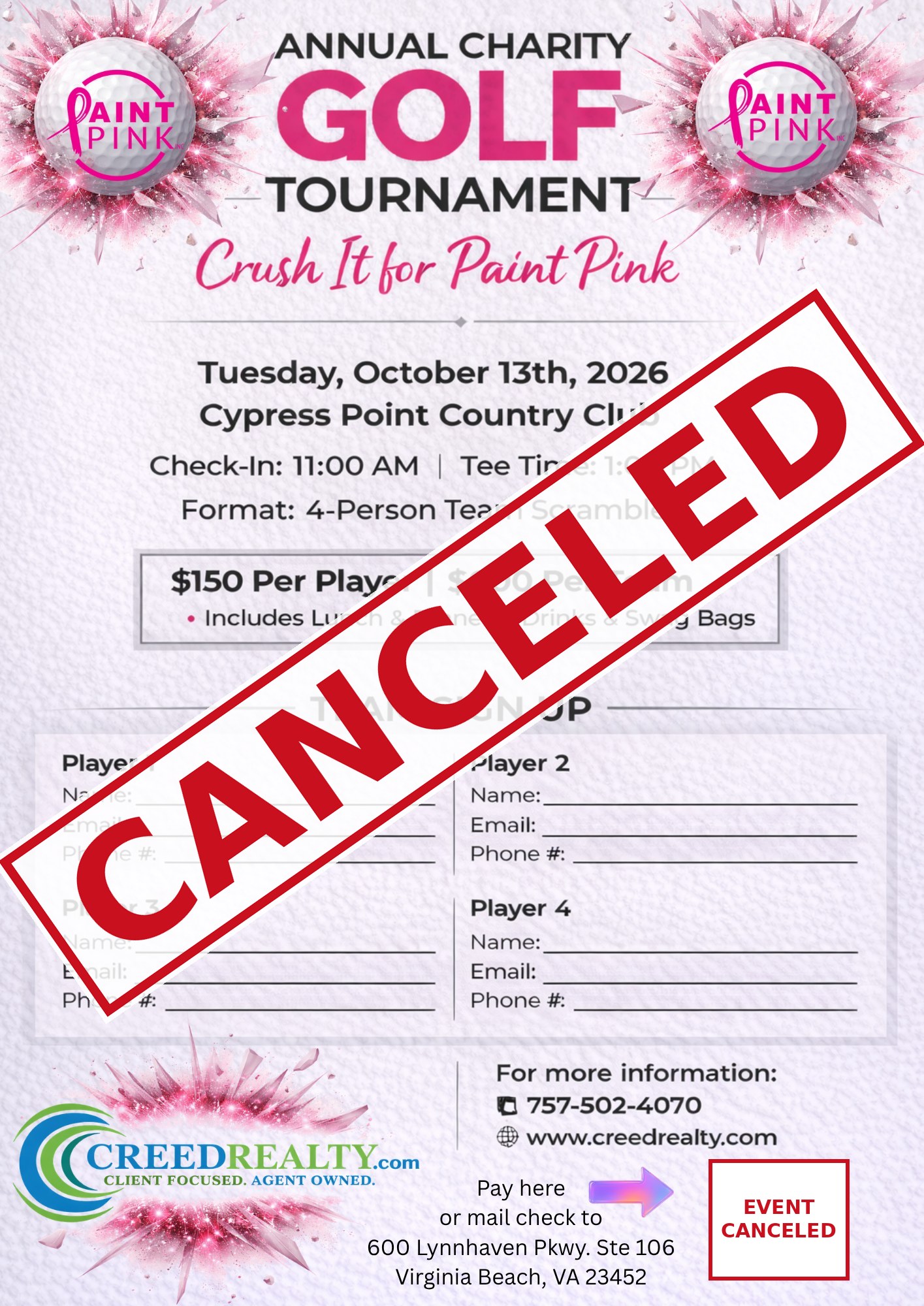 Creed Realty Annual Charity Golf Tournament team sign up form, Tuesday October 13 2026 at Cypress Point Country Club