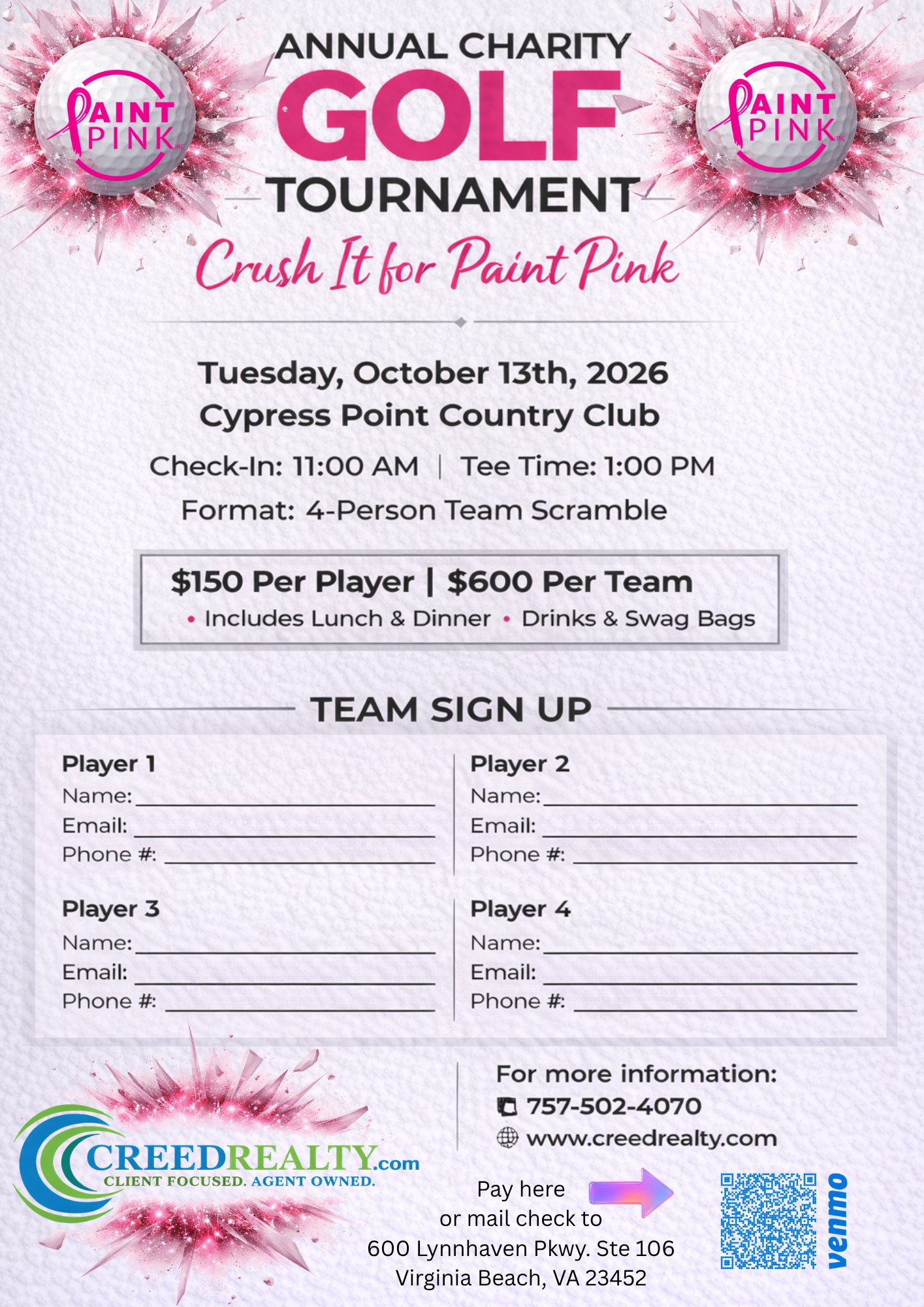 Creed Realty Annual Charity Golf Tournament team sign up form, Tuesday October 13 2026 at Cypress Point Country Club